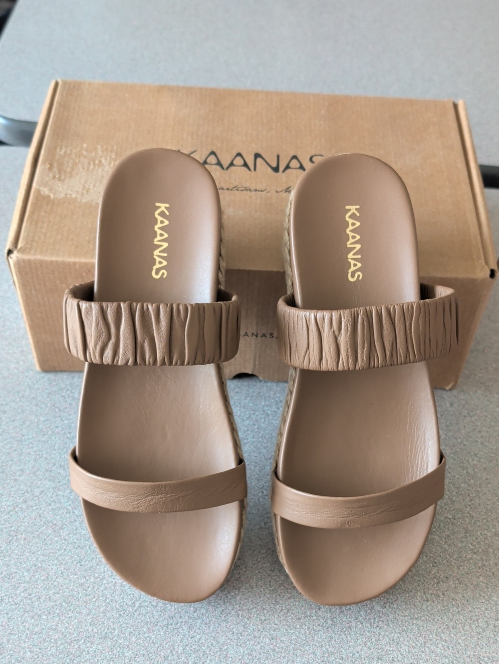 Kaanas Brown Two‑Band Slide Sandals with Ruched Upper